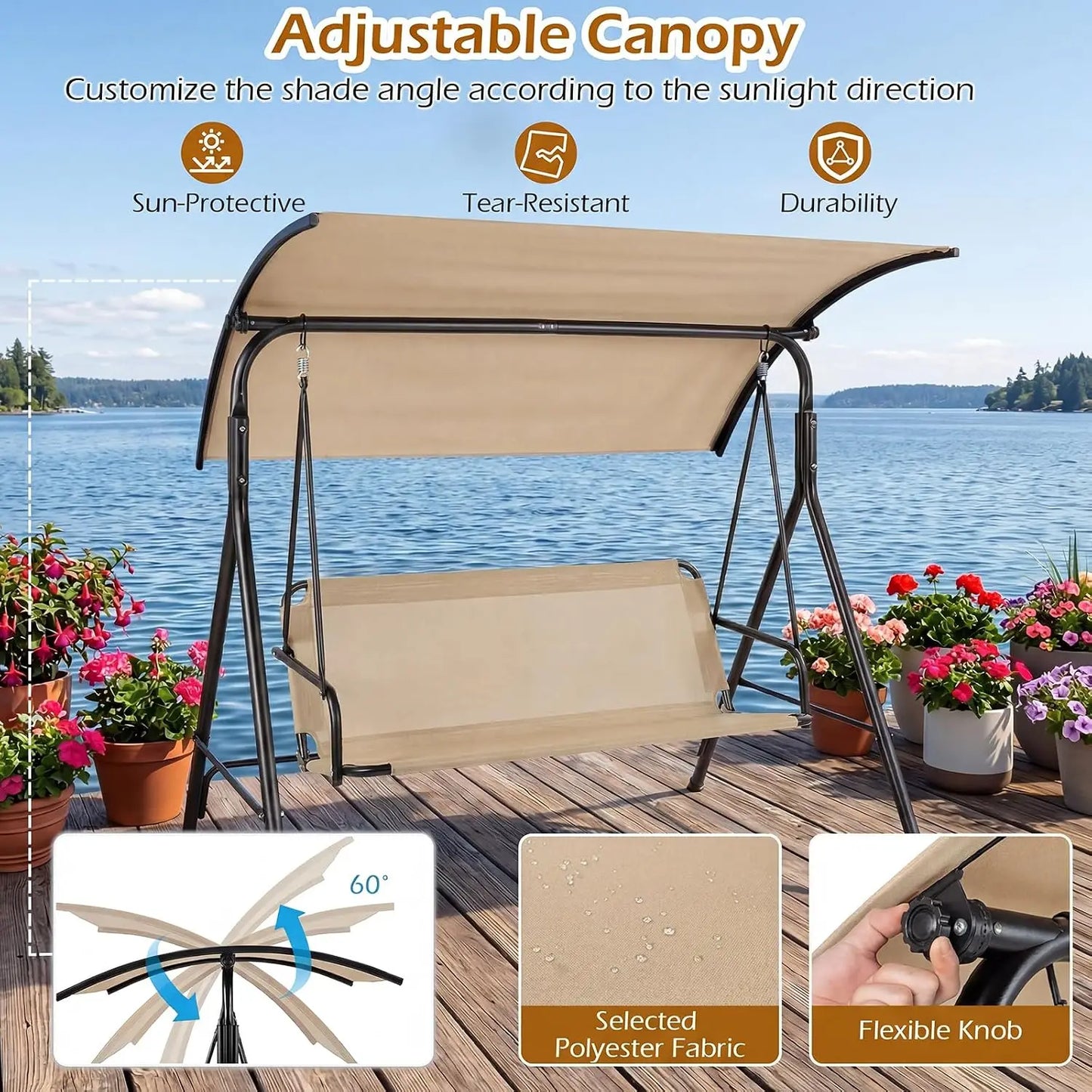 Three-Person Porch Swing With Adjustable Canopy And Sturdy Metal Frame
