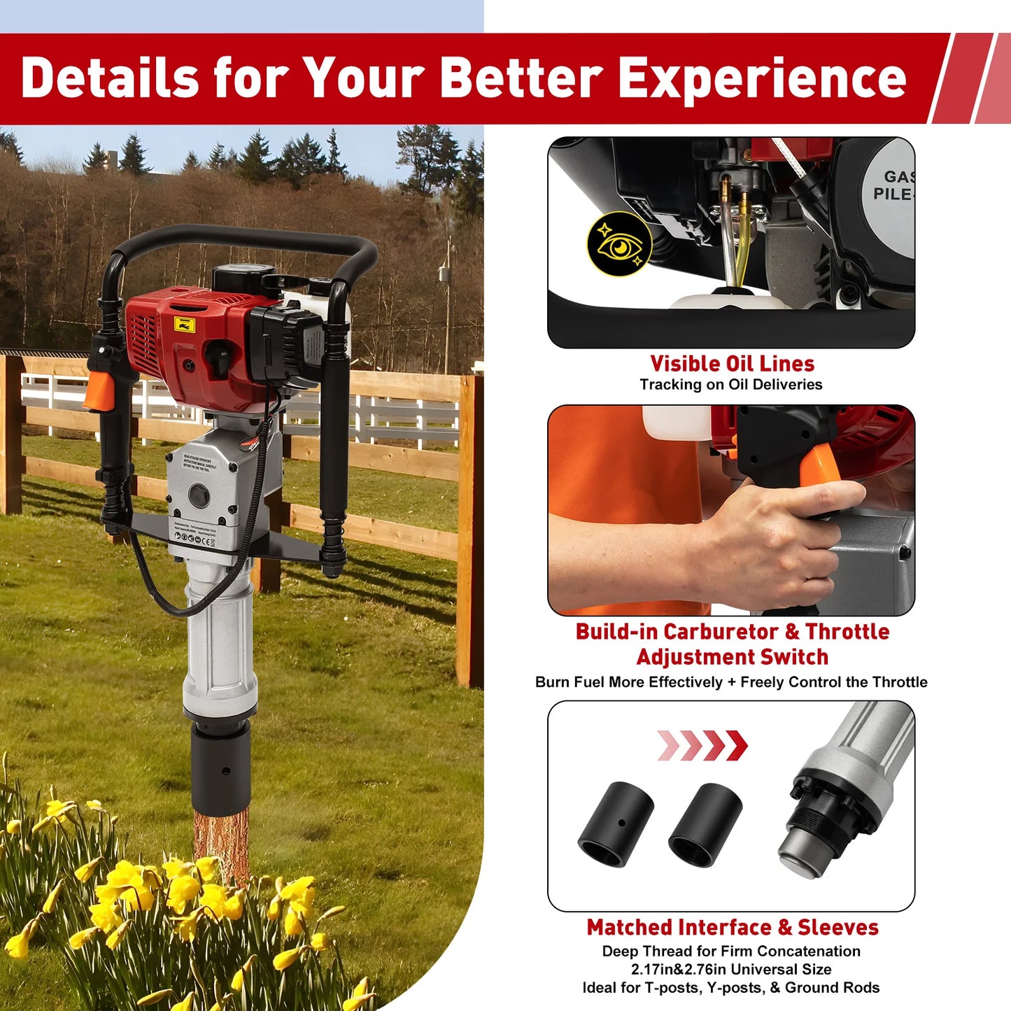 52Cc Petrol 1900W Two Stroke Pile Driver For Fencing