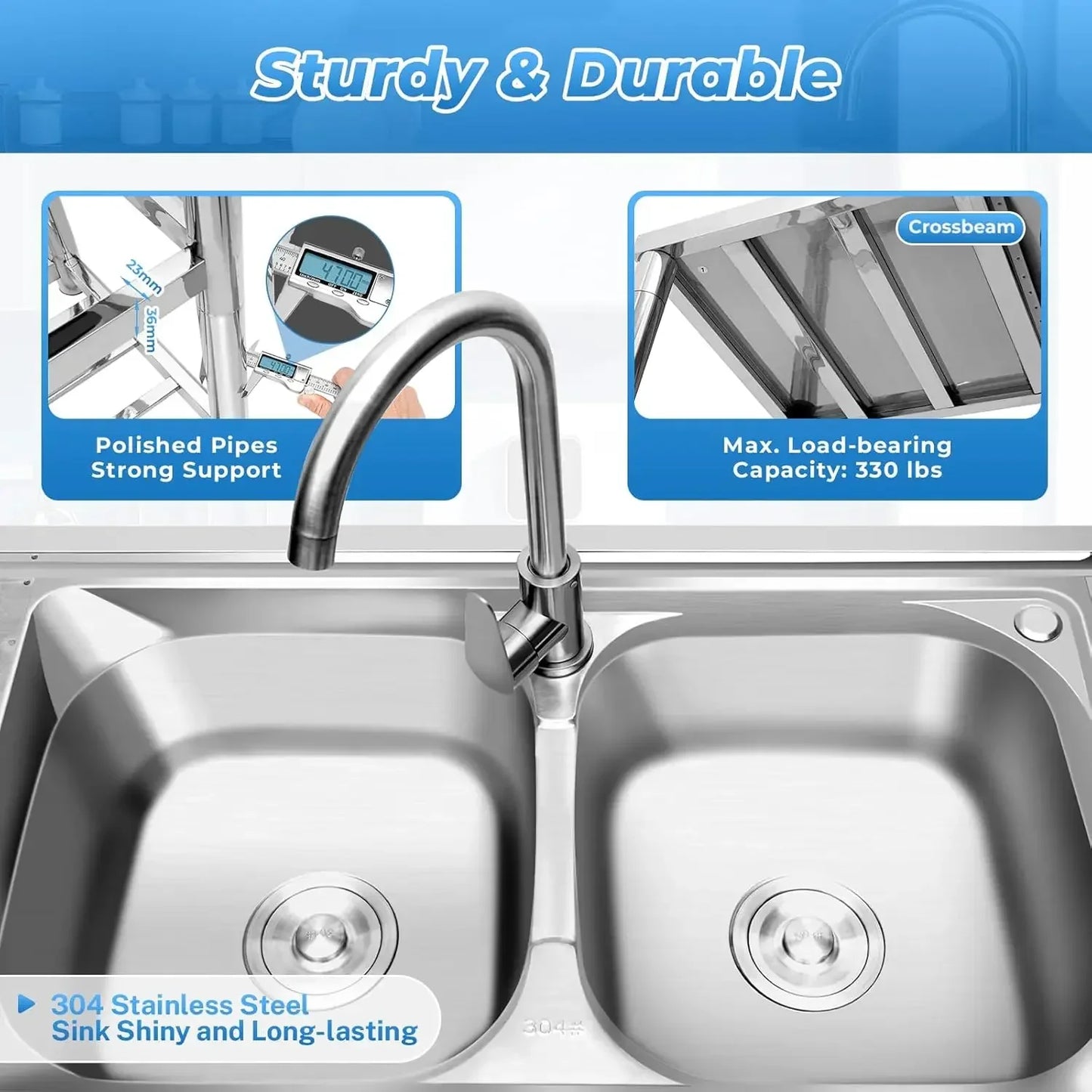 Heavy Duty 304 Stainless Steel Double Compartment Sink With Faucet