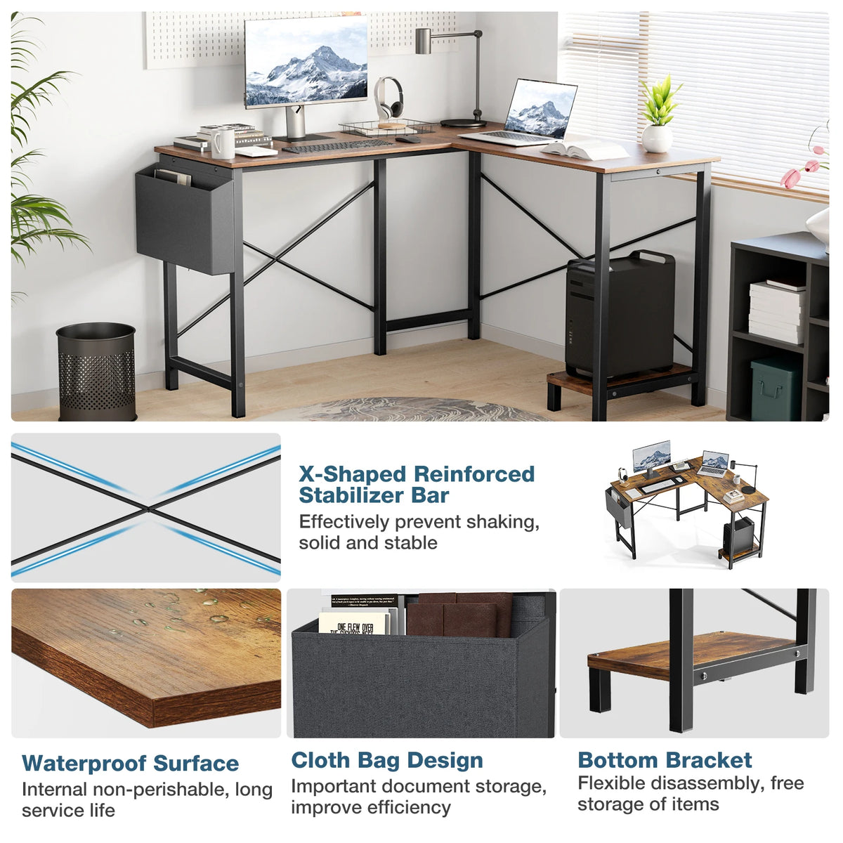 MCQ Corner Office Desk With Wooden Desktop And Storage Rack