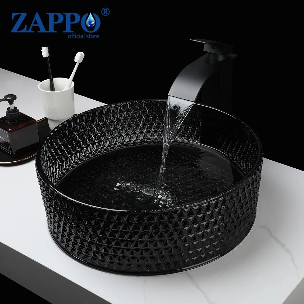 Mekkhala Black Crystal Glass Round Vessel Sink And Faucet Combo