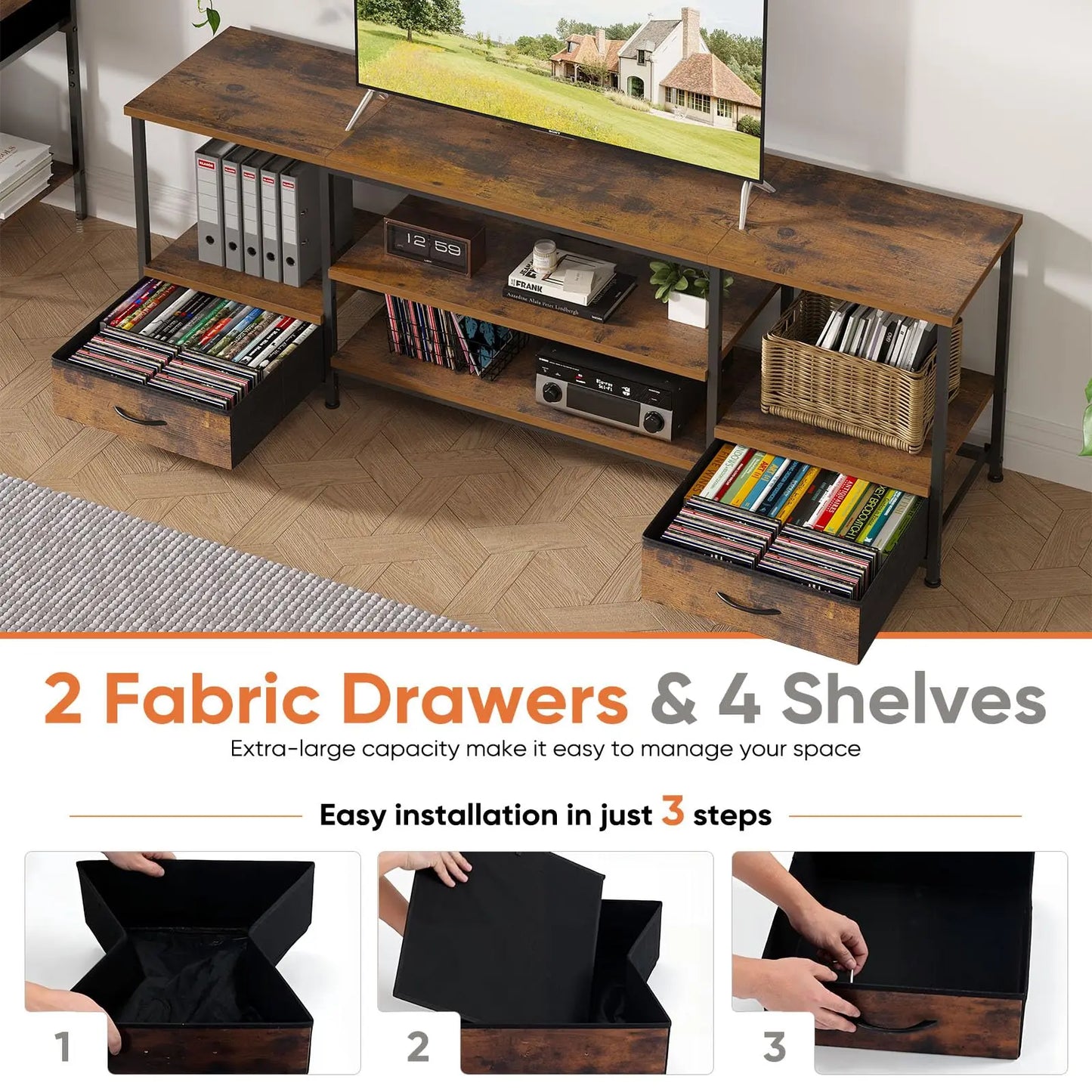 JHK Wood TV Stand Entertainment Center With Adjustable Shelves