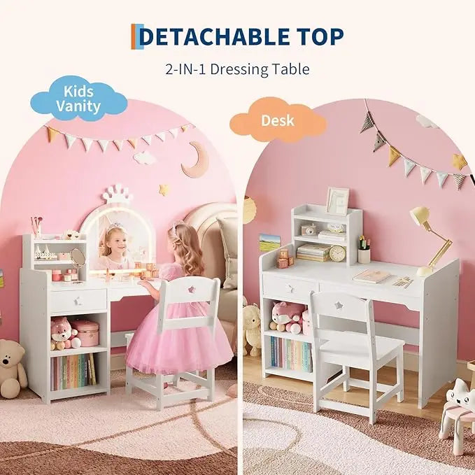 HiMISS Kids Vanity Makeup Table With Lights And Chair Set