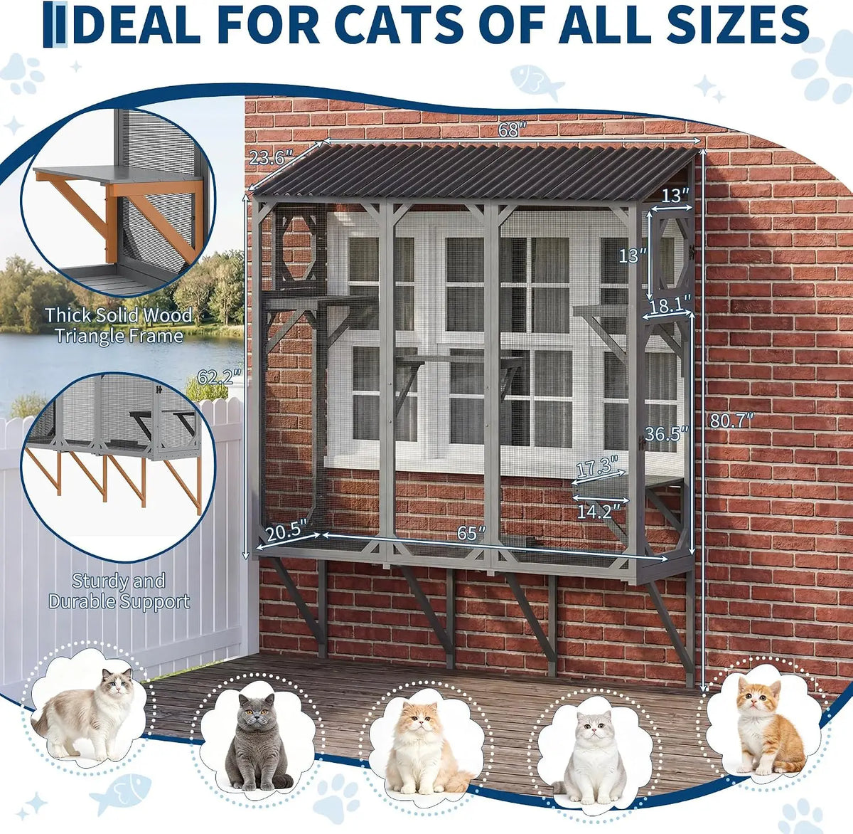 68 Inch Window Catio Wooden Cat Enclosure Large Expandable Cat Window Box With Wooden Cat Perch For Multiple Cats Sunbathing Birdwatching And Napping For Backyard