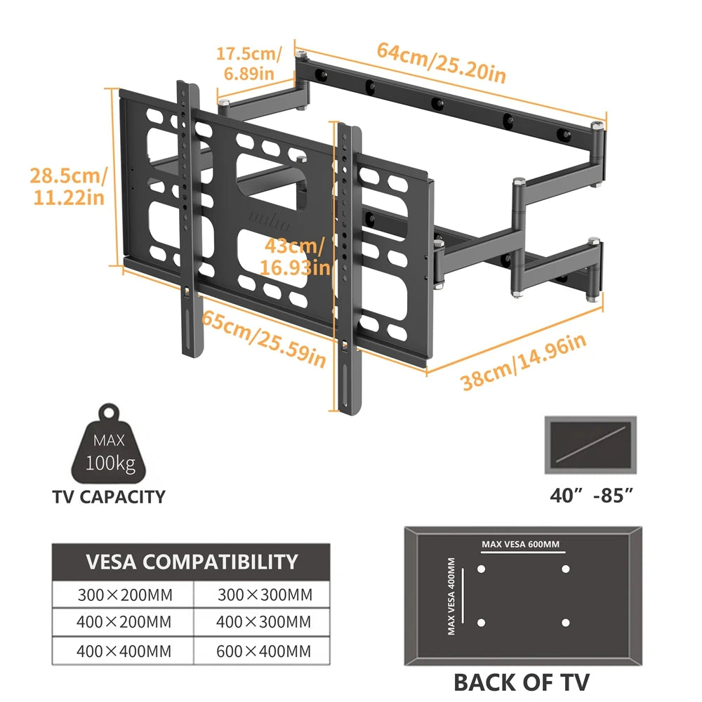 Unho Full Motion Swivel TV Wall Mount Bracket For 40-85 Inch