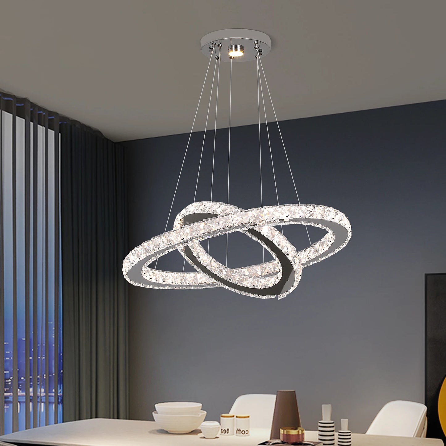 GreeLustr Modern LED Pendant Light Crystal Rings Chandelier