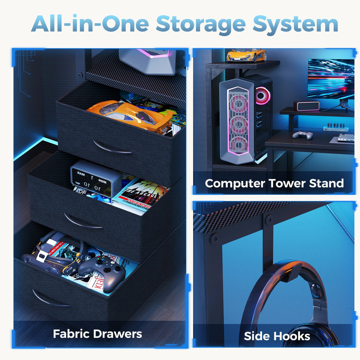 JHK Gaming Desk 3 Storage Drawers Led Lights Power Outlet