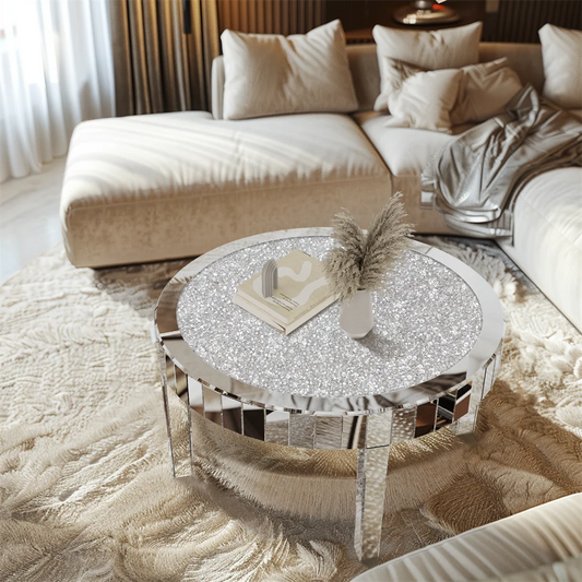 ARTLOGE Mirrored Round Coffee Table With Glass Top