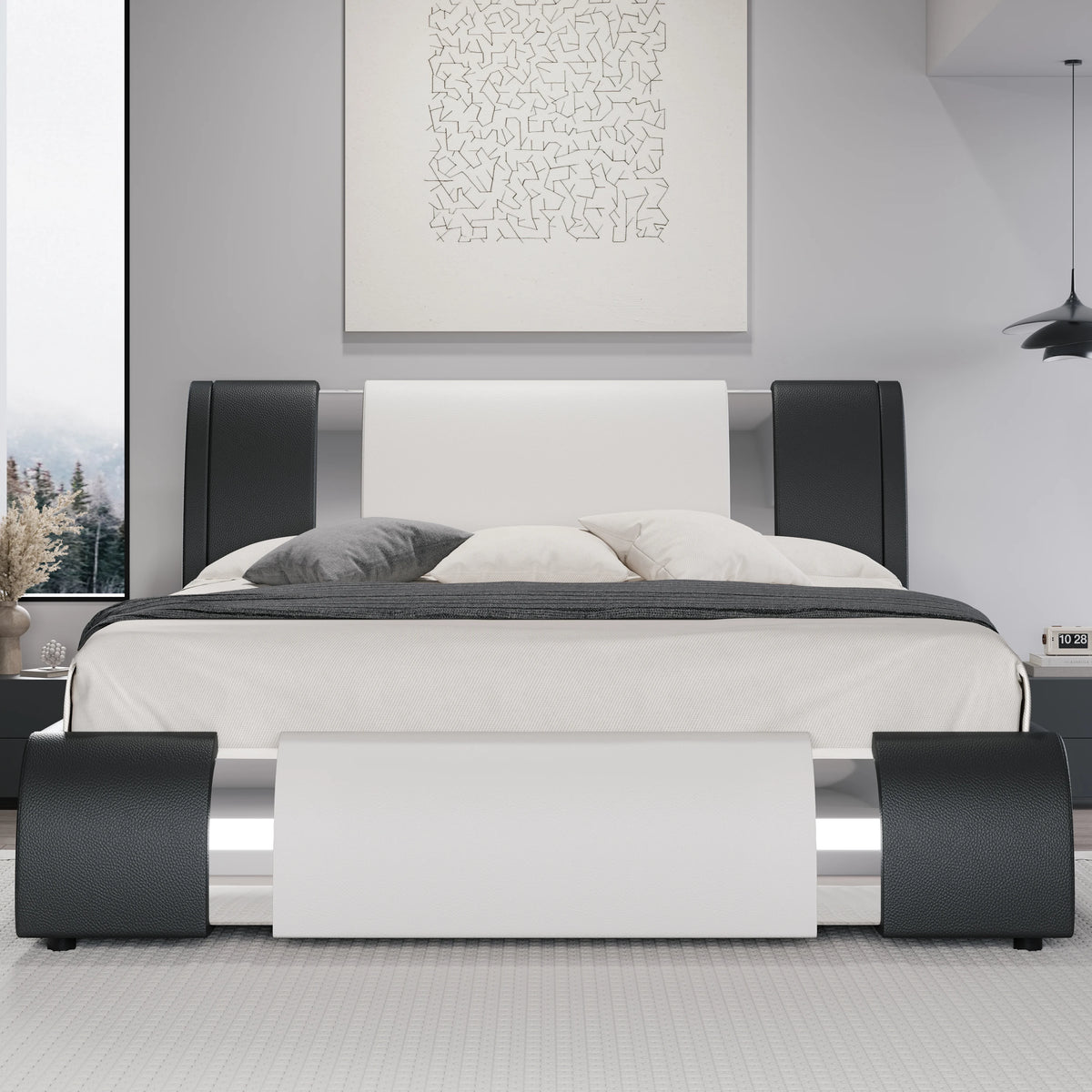 Hoomic Modern Faux Leather Platform Bed Frame With Adjustable Headboard