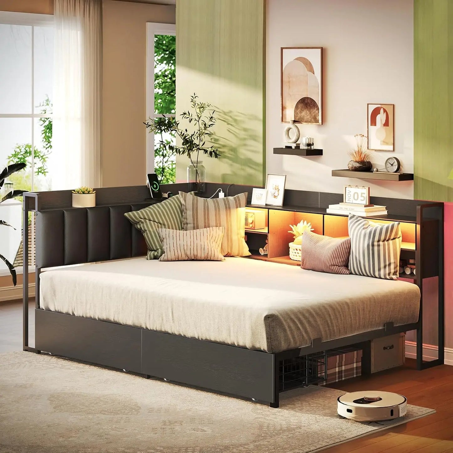 Corner Bed Frame With Bookcase Storage And Charging Station