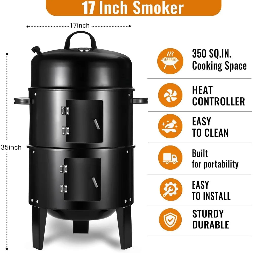 XIUWO Portable Vertical Charcoal Smoker Grill With Thermometers