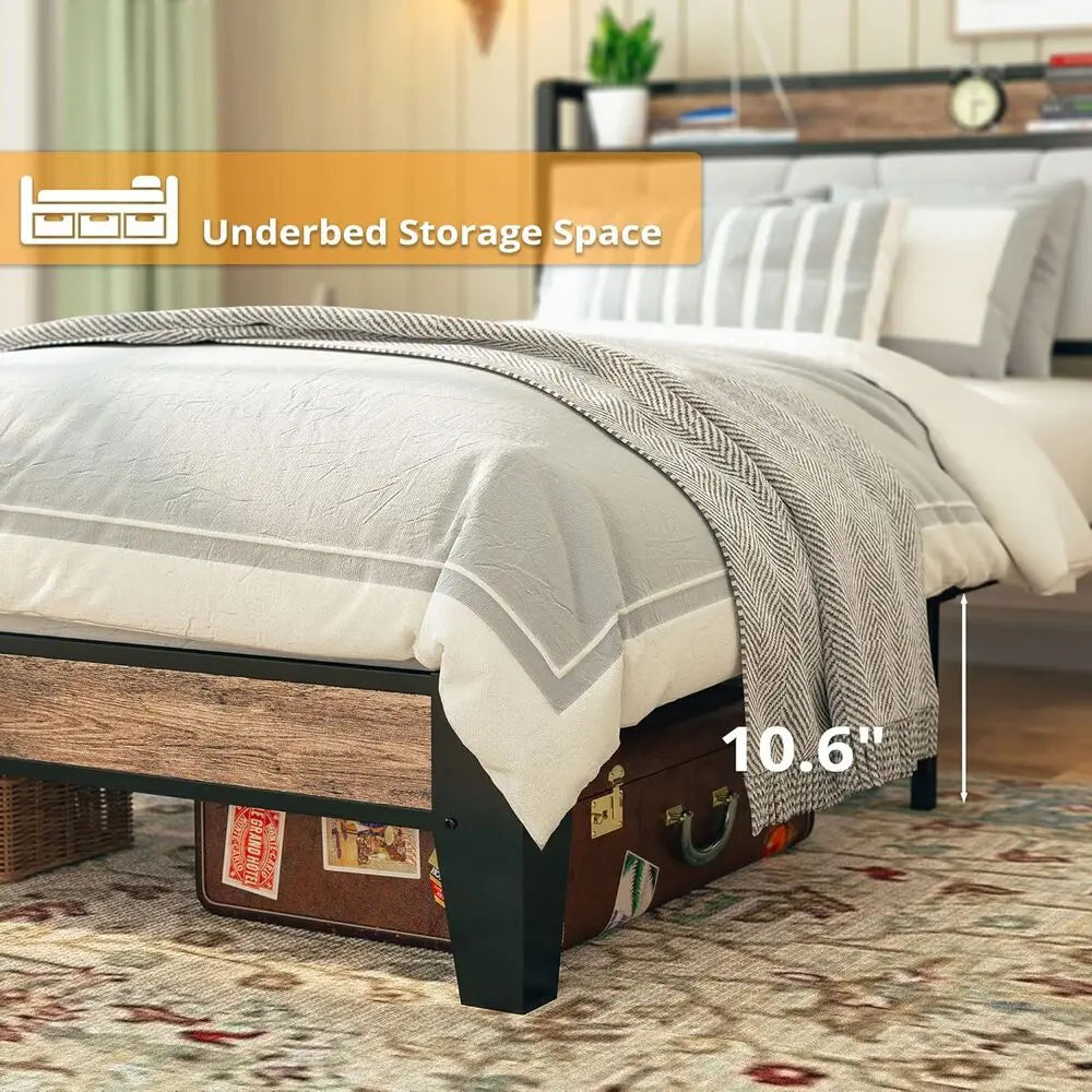 LIKIMIO Twin Bed Frame with Storage Headboard and USB Charging