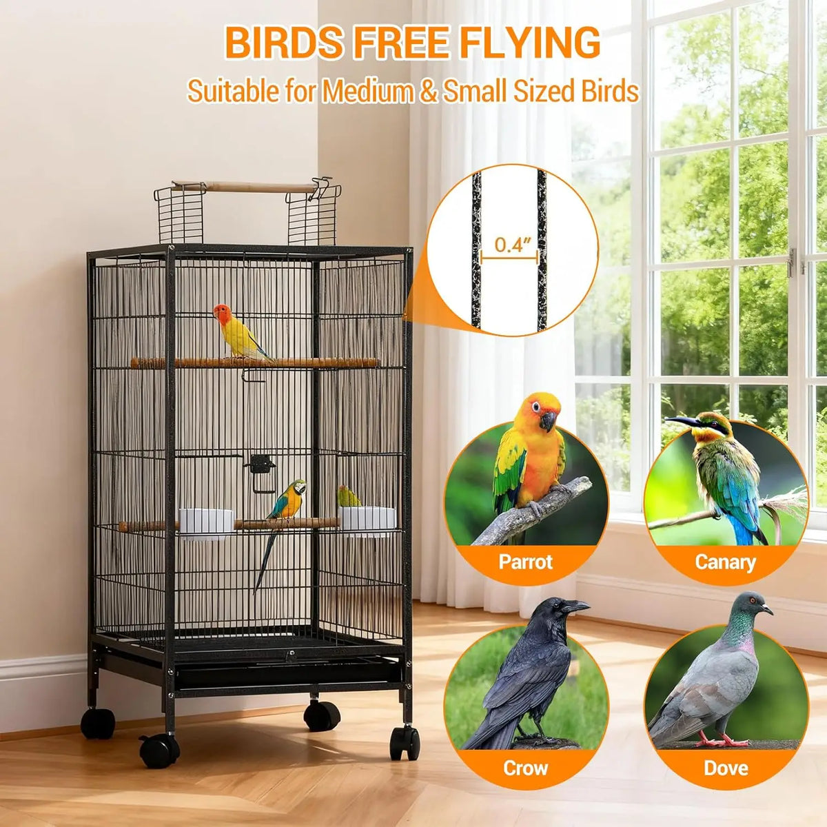 HiMISS Open Top Budgie Cage With Rolling Stand Tray