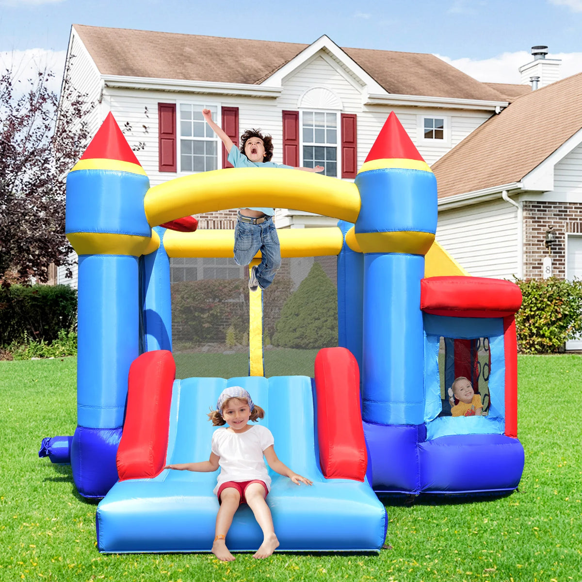Multigot Inflatable Bounce House With Castle Slide And Basketball Hoop