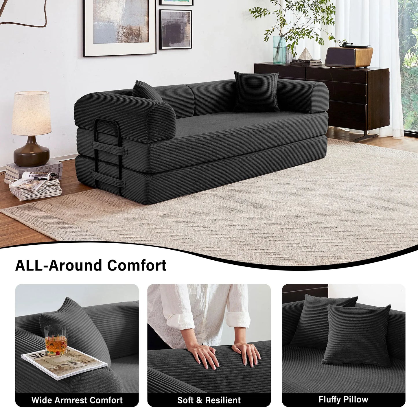 Modern Style I-Shaped Corduroy Futon Sleeper Sofa