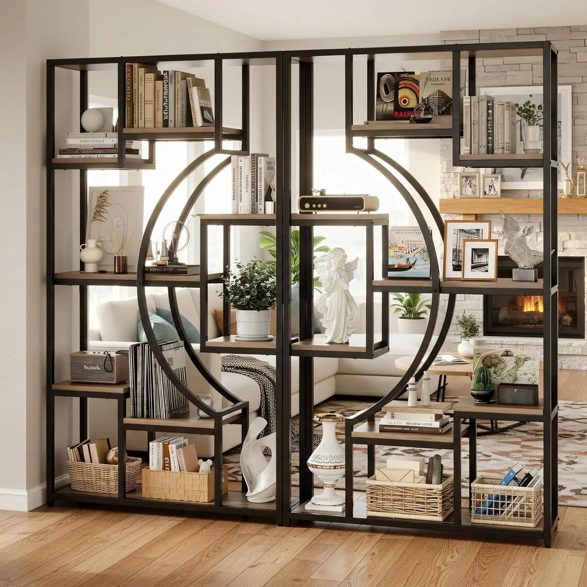 Freestanding Geometric Bookshelf Set With Eighteen Open Storage Shelves
