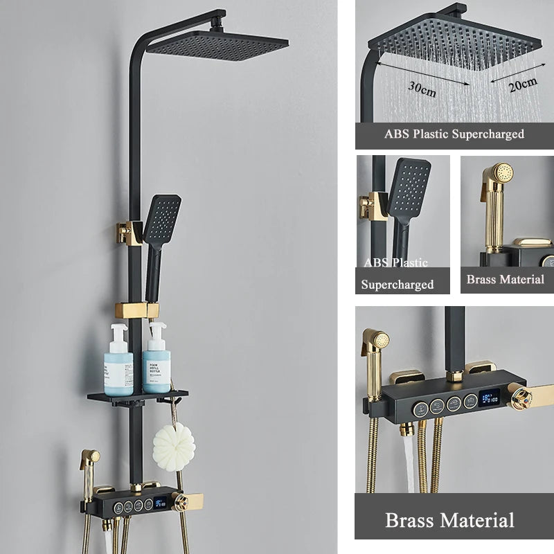 ALENARTWATER Black And Gold Shower Faucet Set With Dual Spray