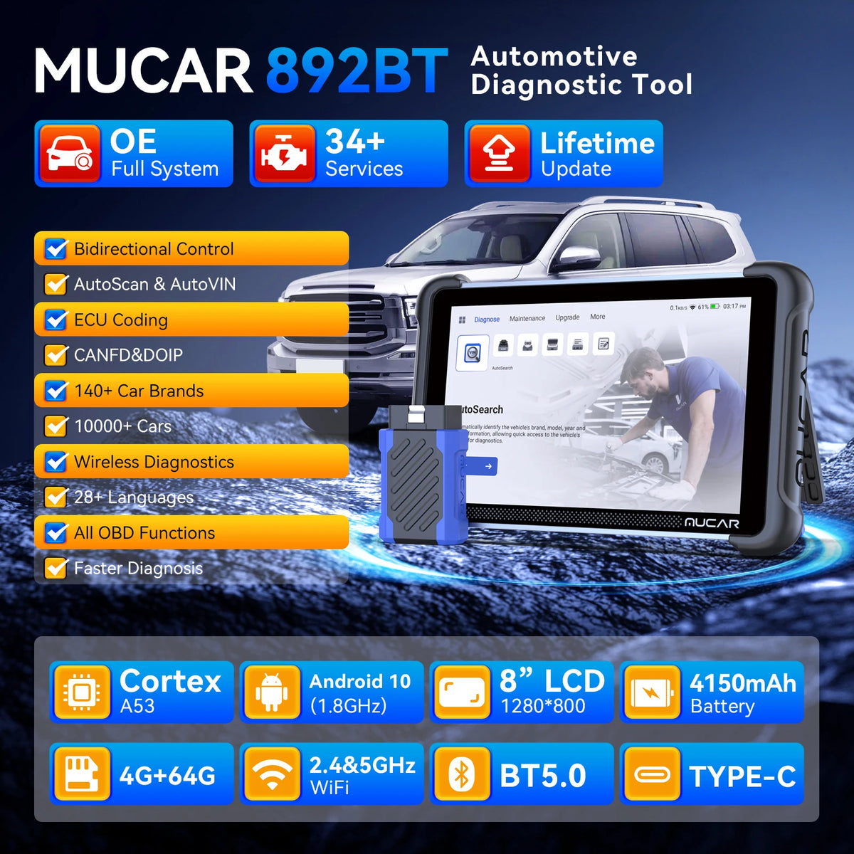 MUCAR 892BT AI  Key Programming  TKEY 101 Automotive Diagnostic Tool Bi directional Obd2 Scanner ECU Coding CANFD DOIP 35 Resets