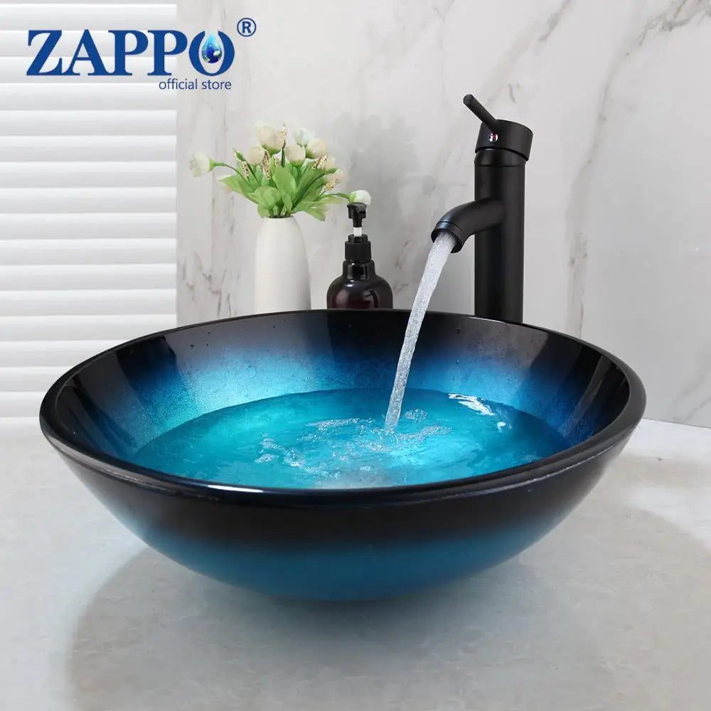 Mekkhala Oval Blue Tempered Glass Vessel Sink With Waterfall Faucet