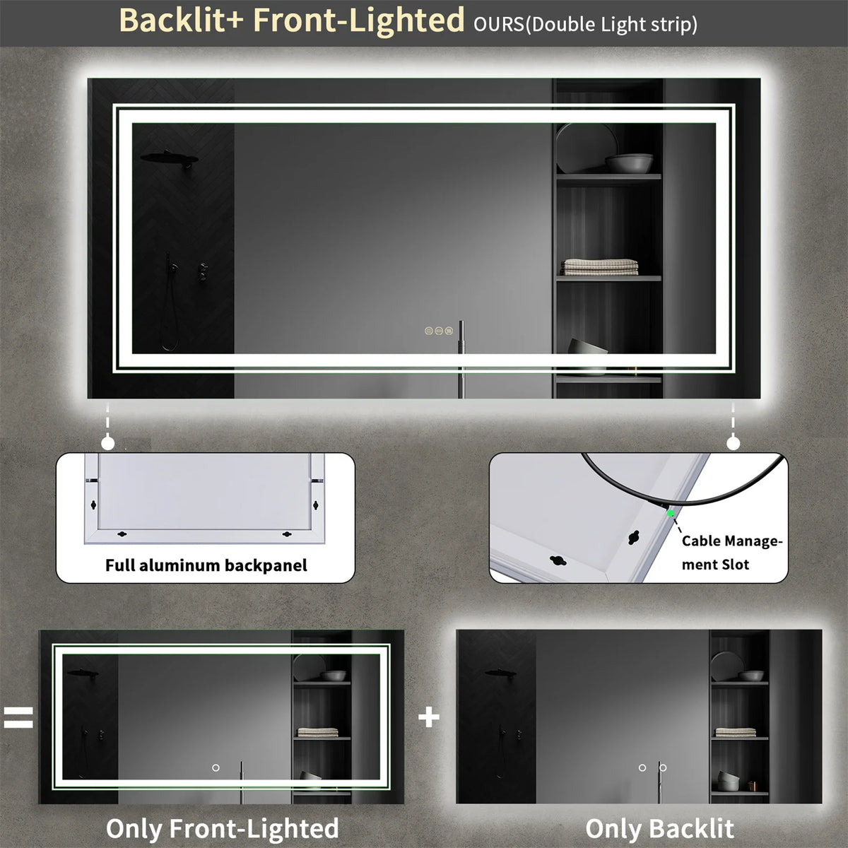 LED Backlit Bathroom Mirror With Antifog Touch Dimmable Lighting