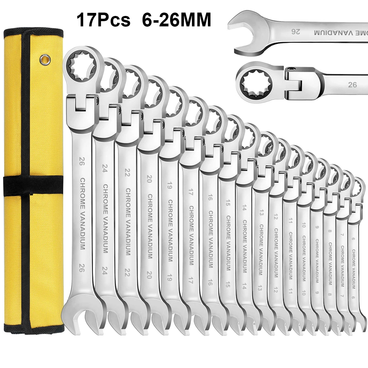 WOZOBUY Flex-Head Ratchet Wrench Set 12/14/16/17pcs Cr-V