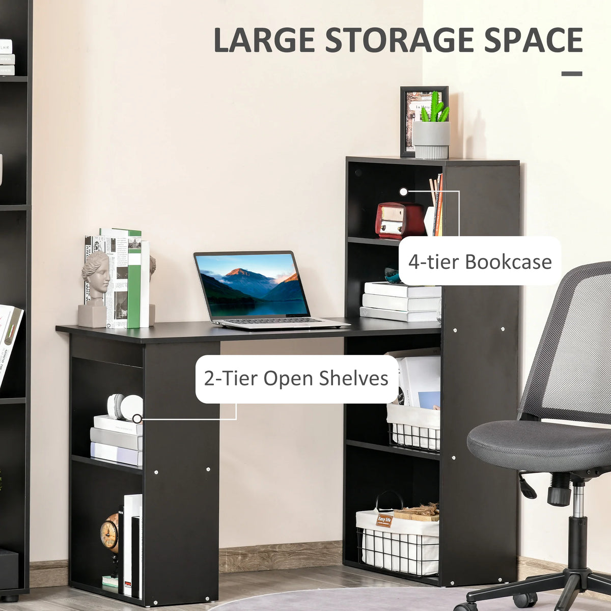 HOMCOM Modern Home Office Desk with 6-Tier Storage Shelves, 47" Writing Desk with Bookshelf, Black