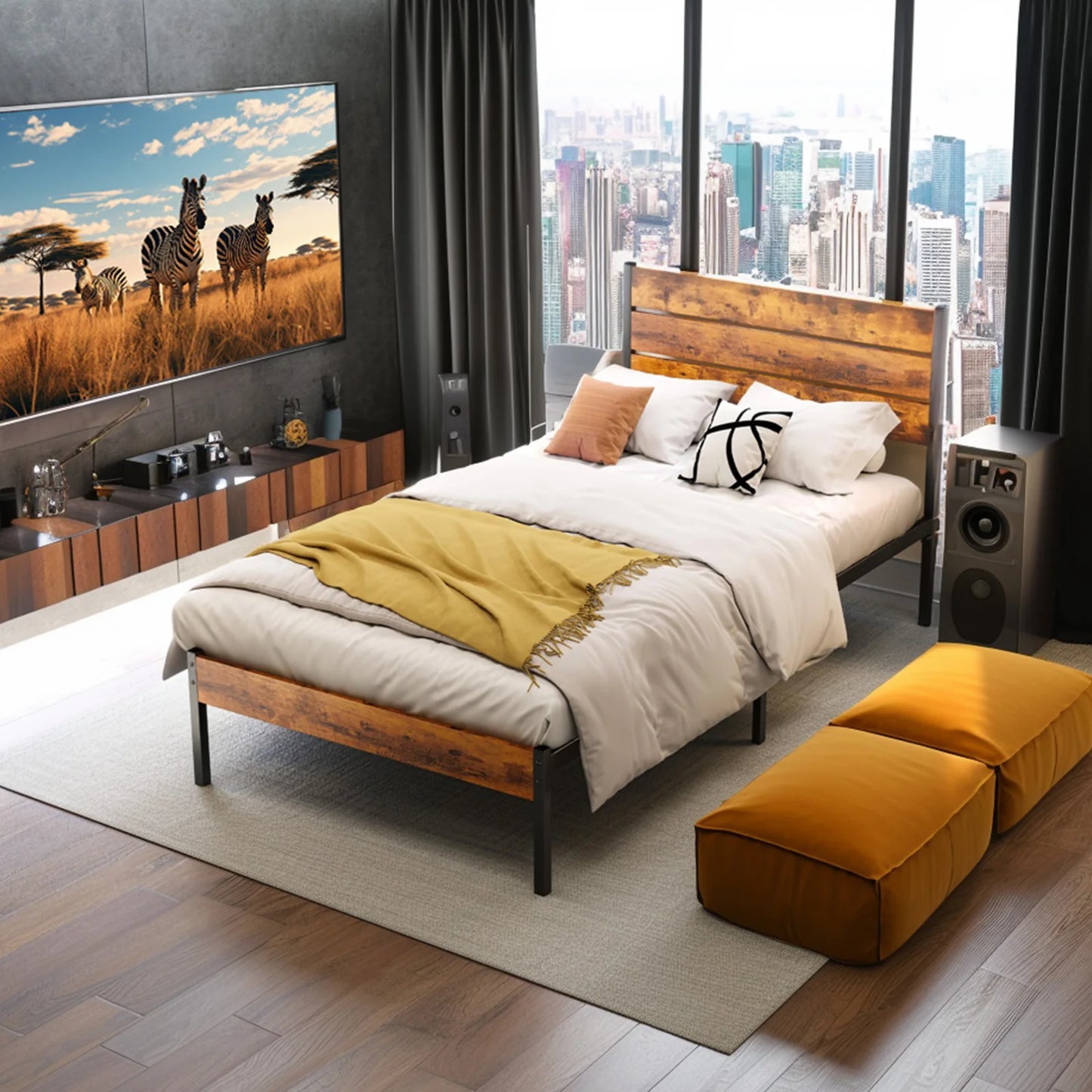 JHK Metal Platform Bed Frame With Headboard And Slats