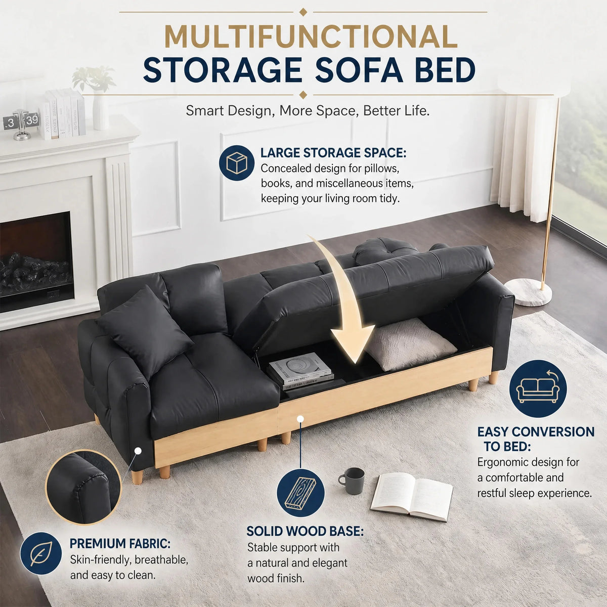 Convertible Fabric Sofa Bed With Convenient Storage For Home Use