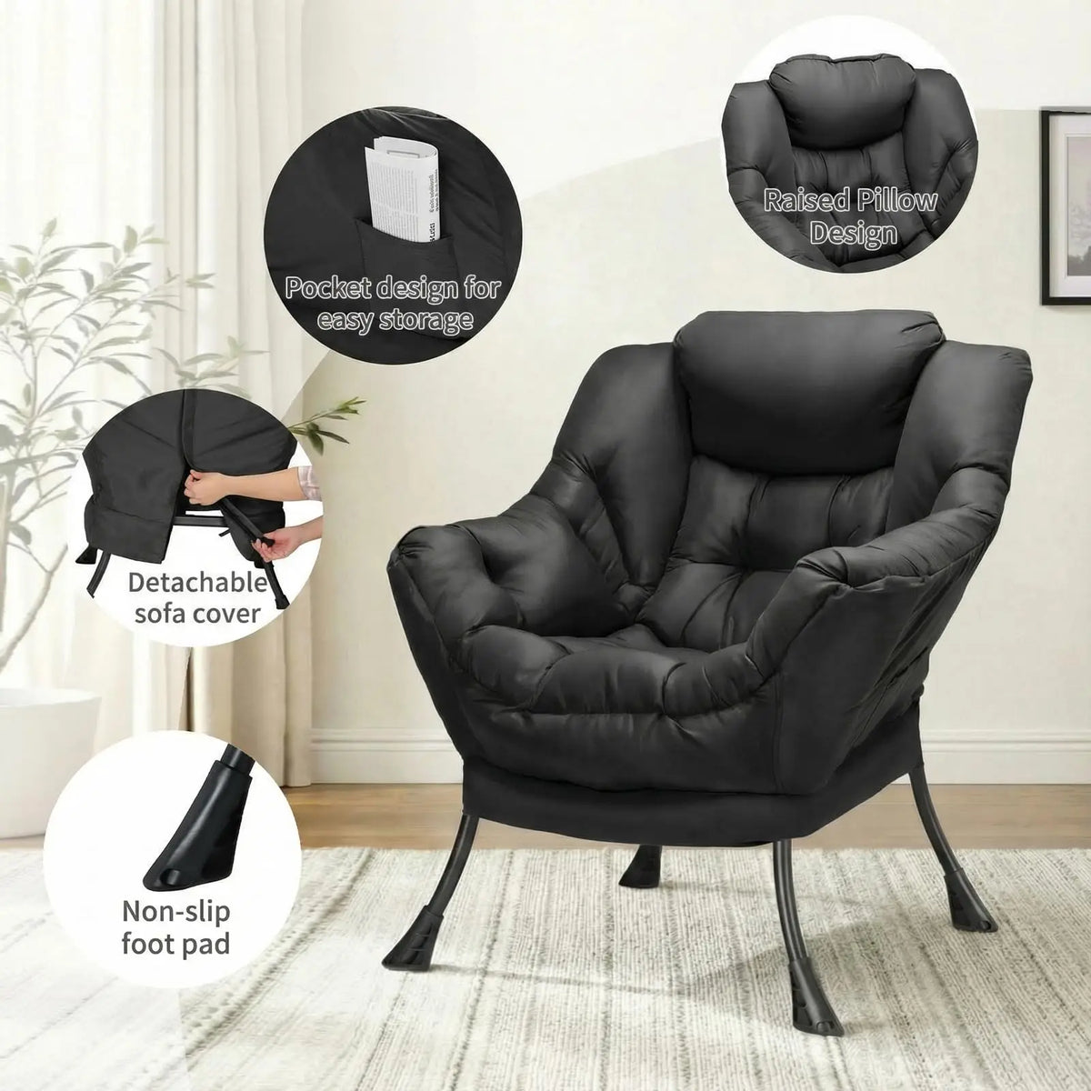 Lazy Chair with Foldable Ottoman,Modern Comfy Lounge Chair,Large Sofa Armchair,Reading Chair,with Footrest,a Side Pocket,non-slip foot pads,for Bedroom,Living Room,Dorm