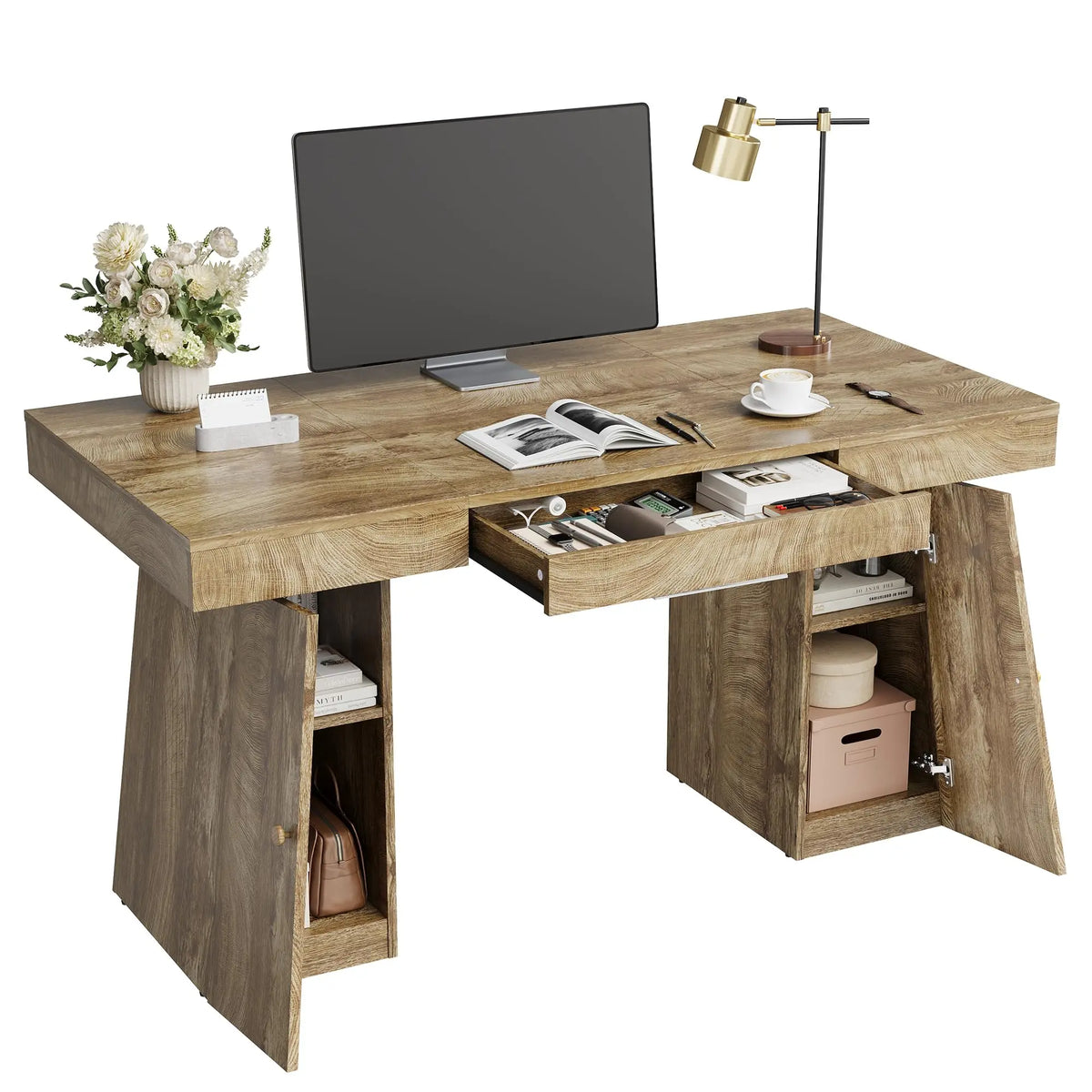 55 X 27.5 Inch Computer Desk With Drawer, Cabinet & Storage Shelves, Gaming Writing Study Table For Home Office Work