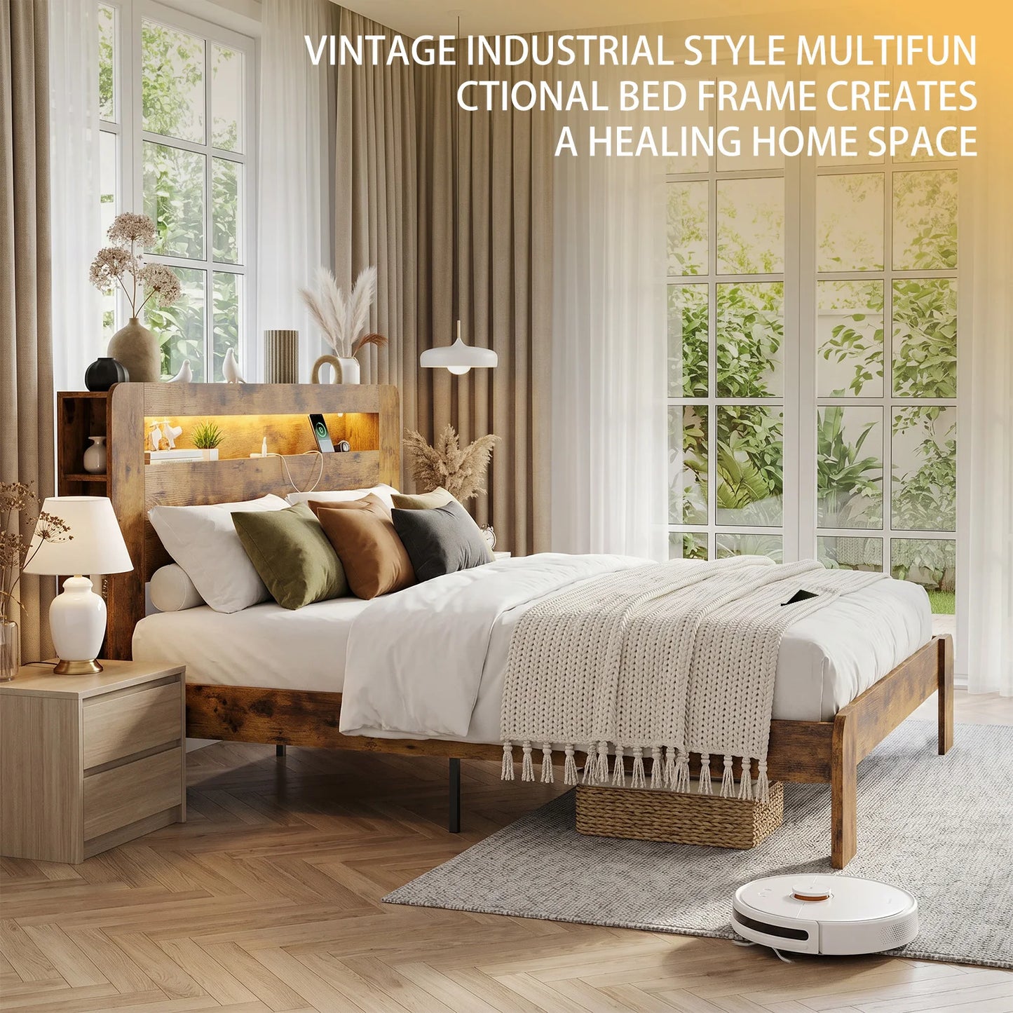 Wooden Platform Bed Frame With Storage Headboard And Charging Station