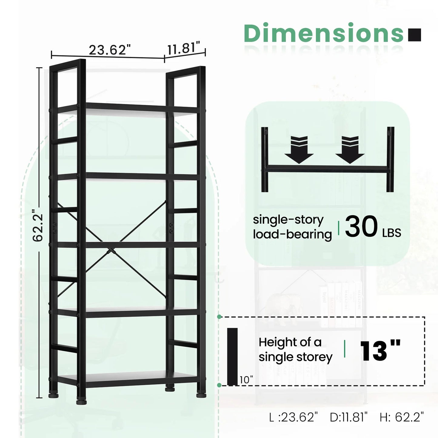 JHK 5 Tier Wooden Display Bookshelf With Stable Frame