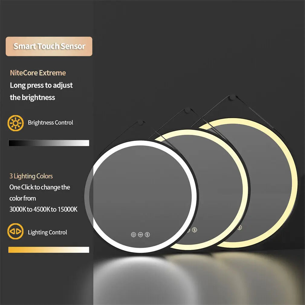 BORWART Round LED Bathroom Mirror Anti Fog Dimmable Leather Strap