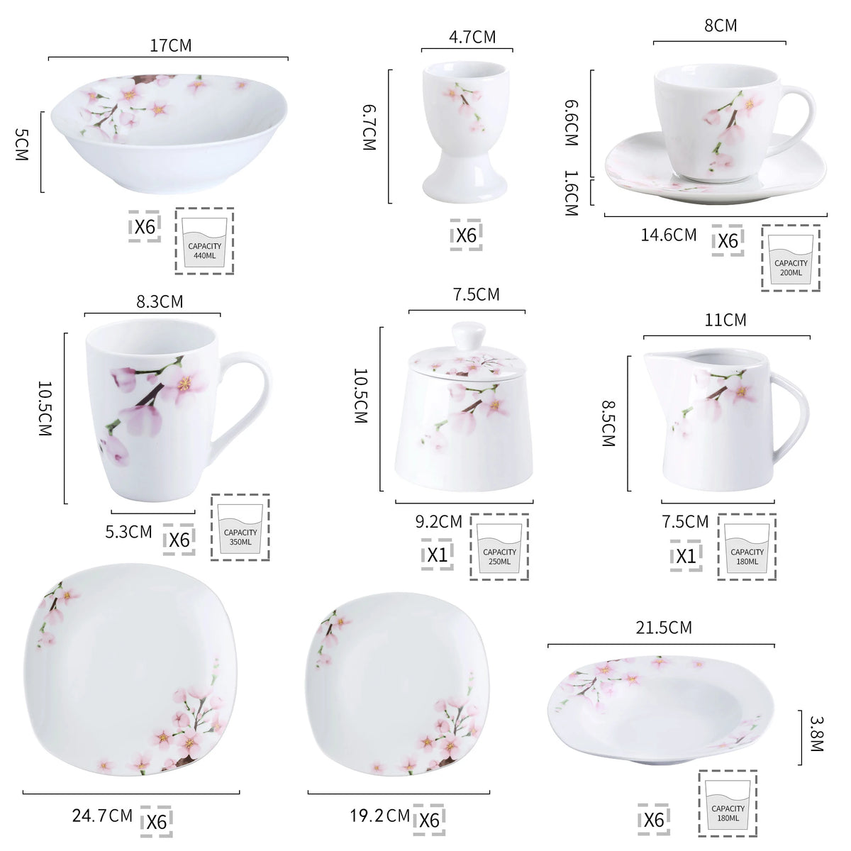 VEWEET Porcelain Dinnerware Set With Plates Bowls Cups And Saucers