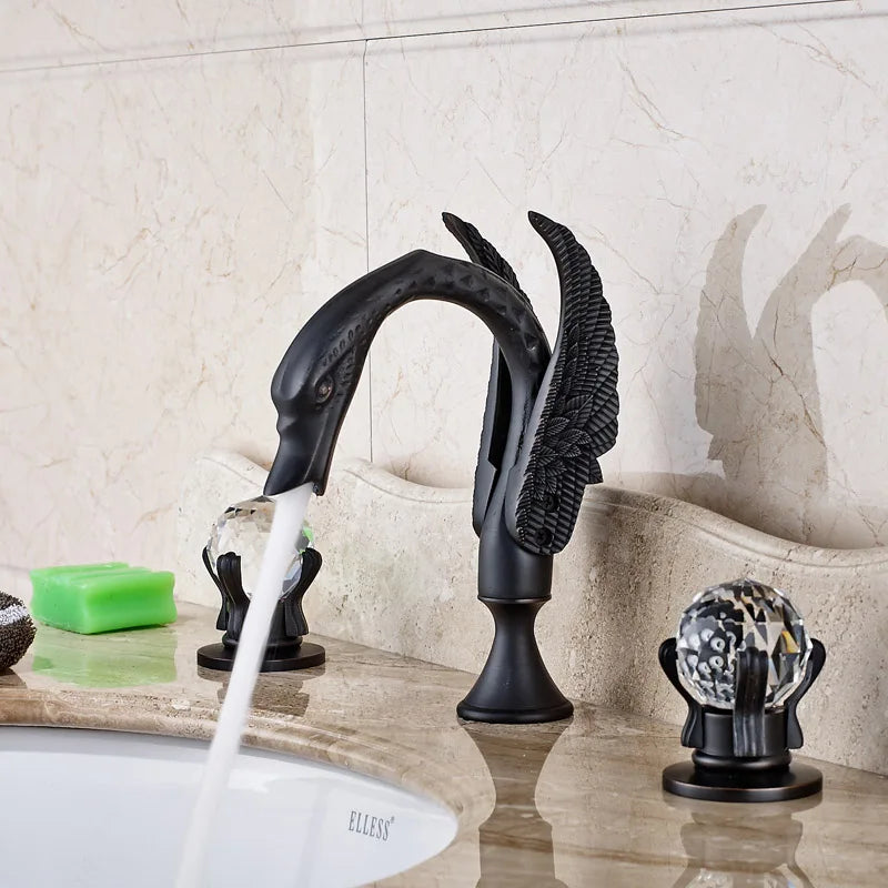Luxury Bathroom Faucet Brass Golden Swan Shape Basin Tap Dual Handle Deck Mount Mixer Tap Sink Faucets Hot And Cold Water Mixer