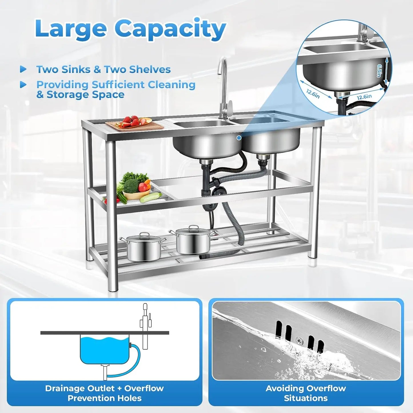 Heavy Duty 304 Stainless Steel Double Compartment Sink With Faucet