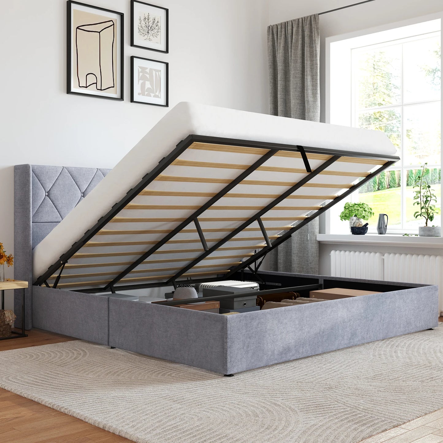 JHK Lift Up Storage Bed With Upholstered Wingback Headboard