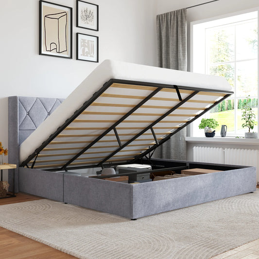JHK Lift Up Storage Bed With Upholstered Wingback Headboard