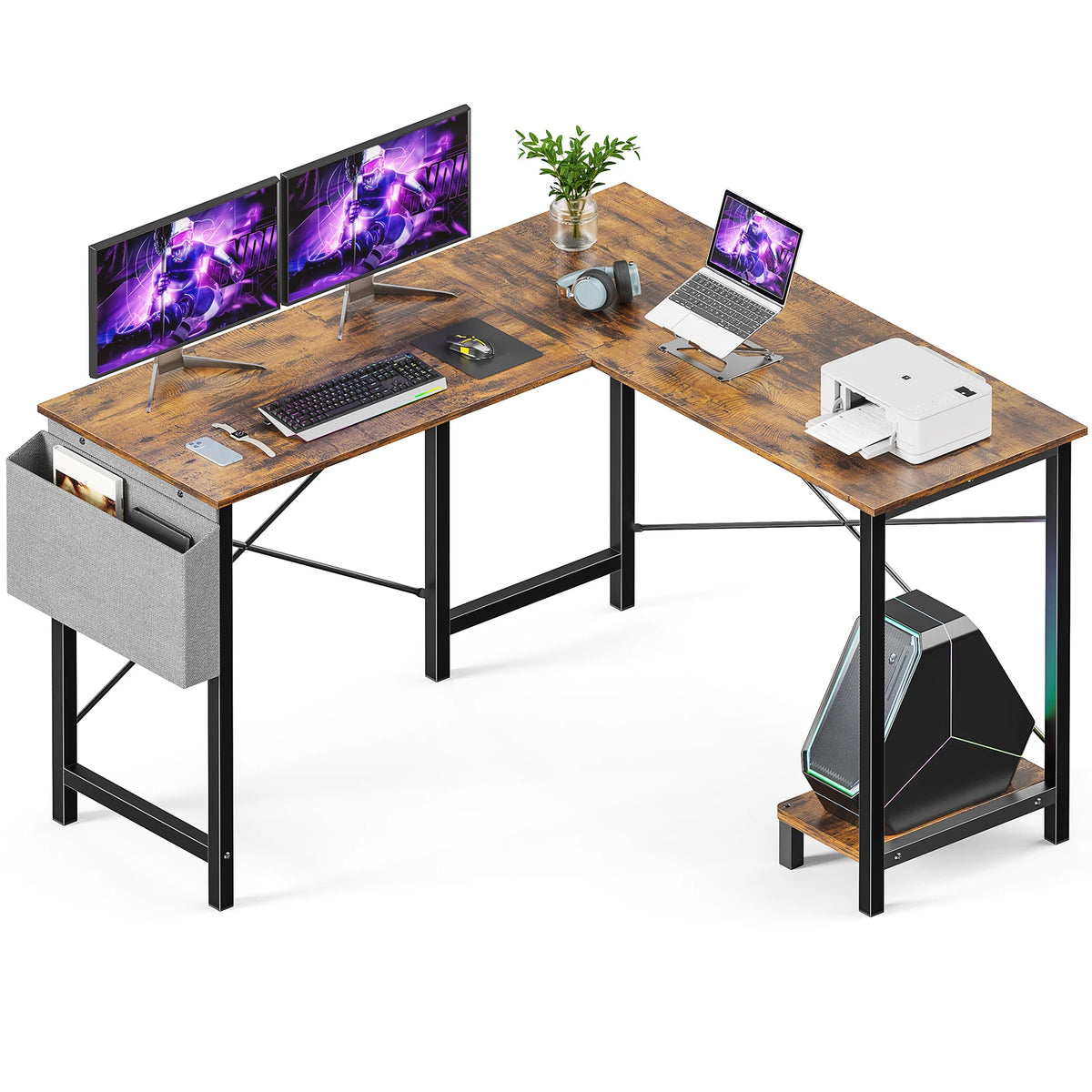 MCQ Corner Office Desk With Wooden Desktop And Storage Rack