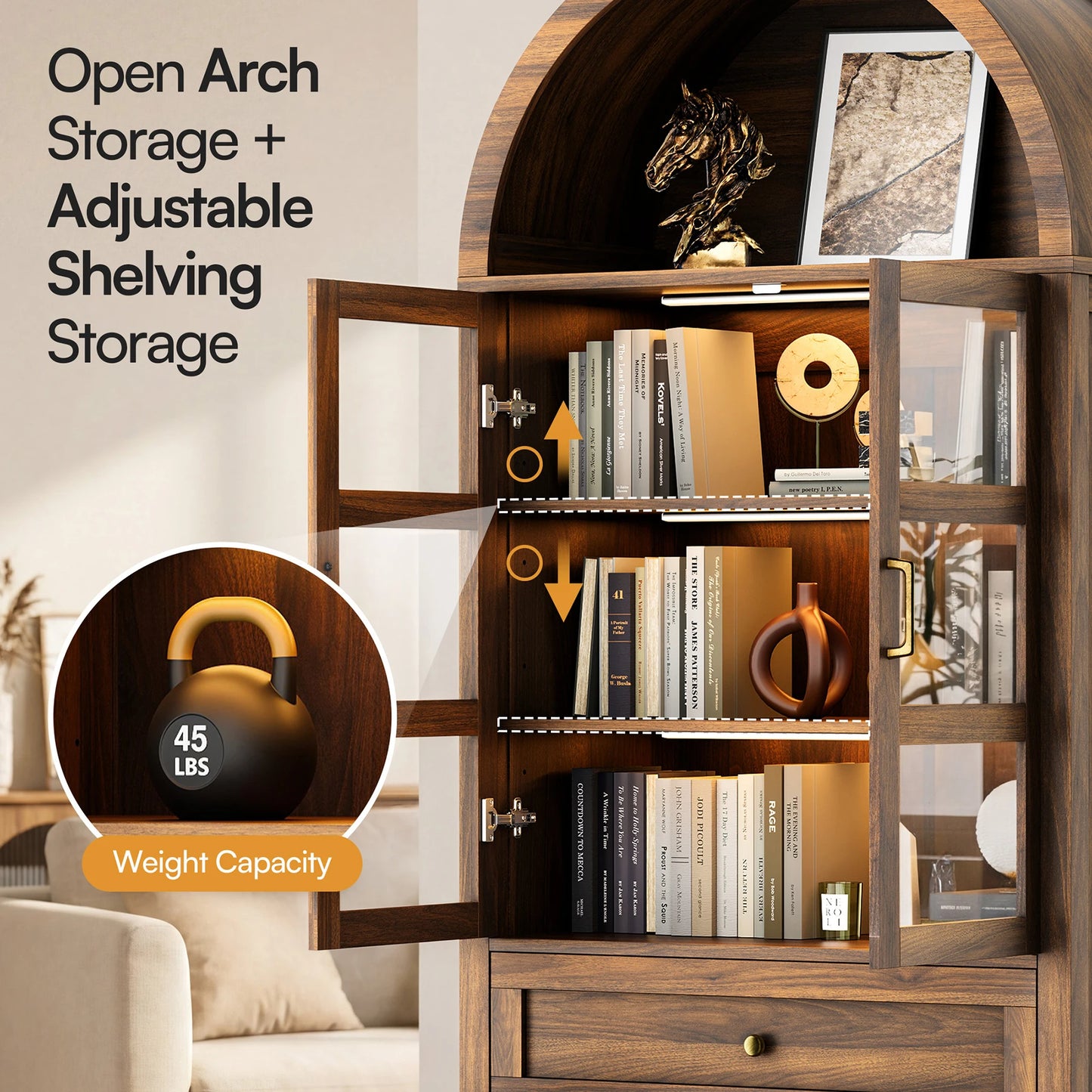 Cottinch Arched Wood Storage Cabinet With Adjustable Shelves Dimmable LED