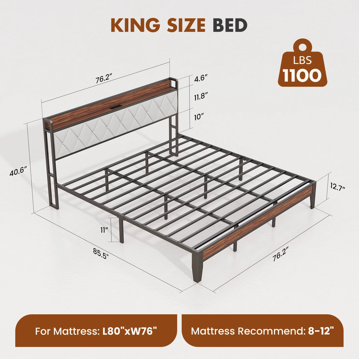JHK Metal Bed Frame With Storage And Charging Station