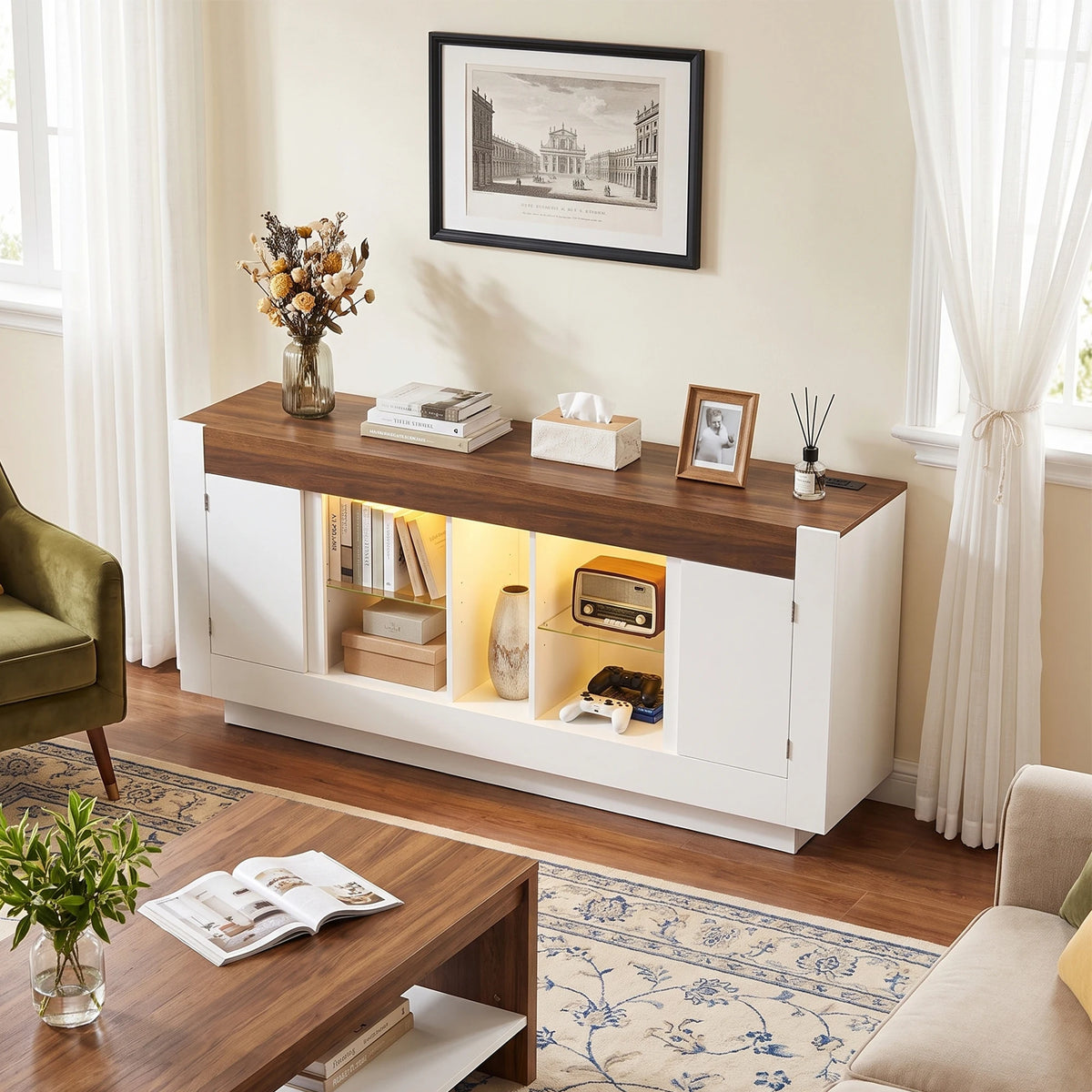 TCGBKAF Modern Farmhouse TV Stand Wooden Media Console LED Lights