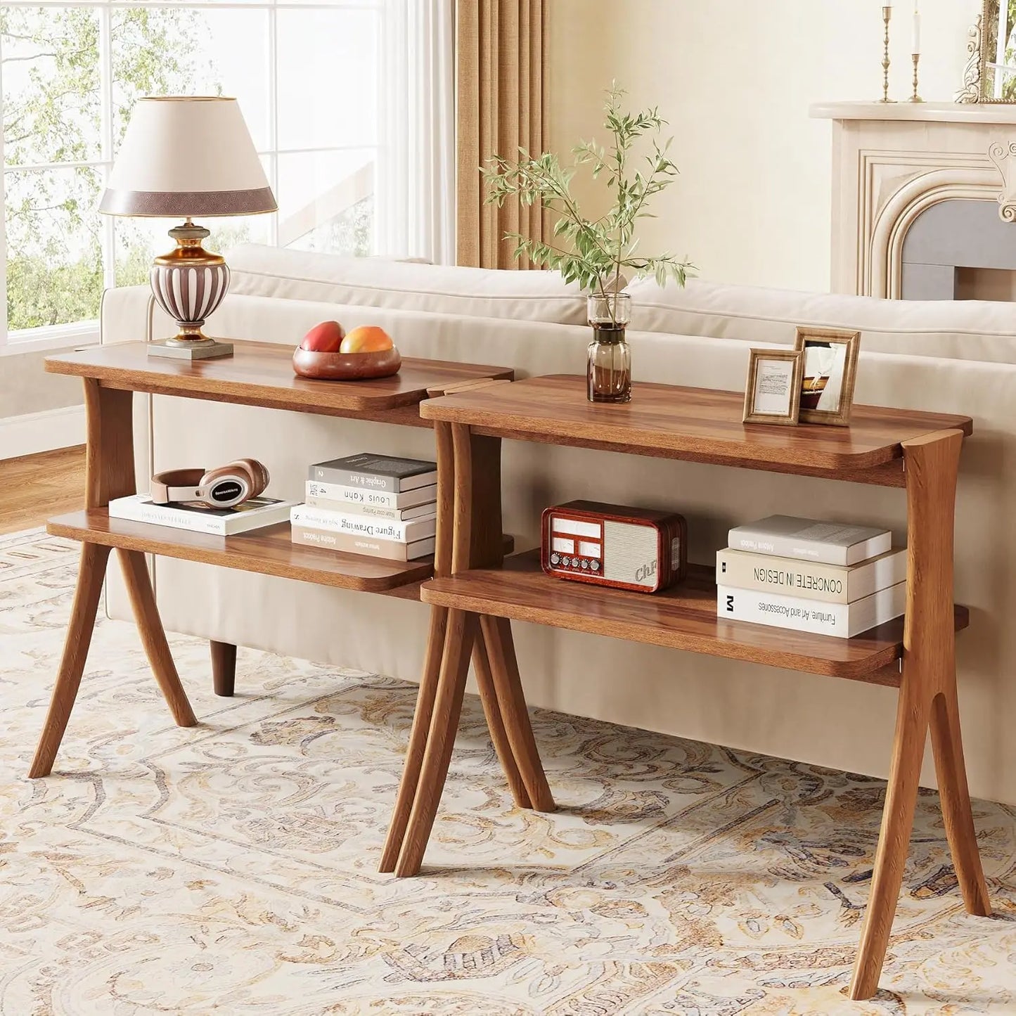 Little Tree Farmhouse Side Table With Two Tier Storage Shelf