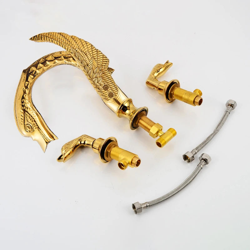 Luxury Bathroom Faucet Brass Golden Swan Shape Basin Tap Dual Handle Deck Mount Mixer Tap Sink Faucets Hot And Cold Water Mixer