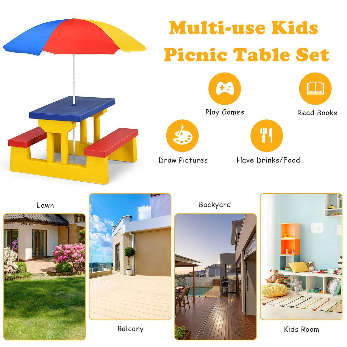 Homasis Kids Picnic Table Set With Removable Outdoor Umbrella