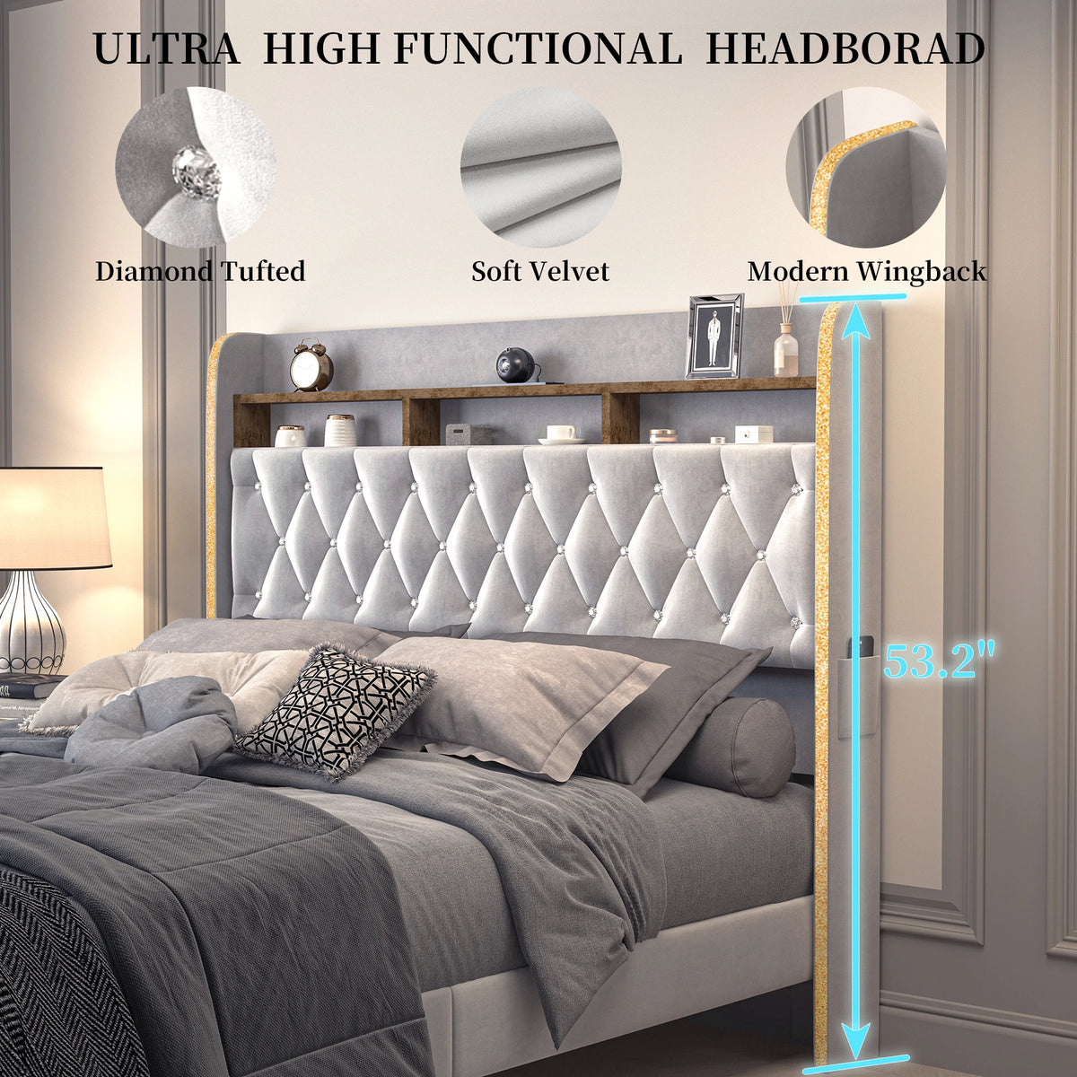SIBEDS Upholstered Platform Bed Frame With LED Lights And Storage