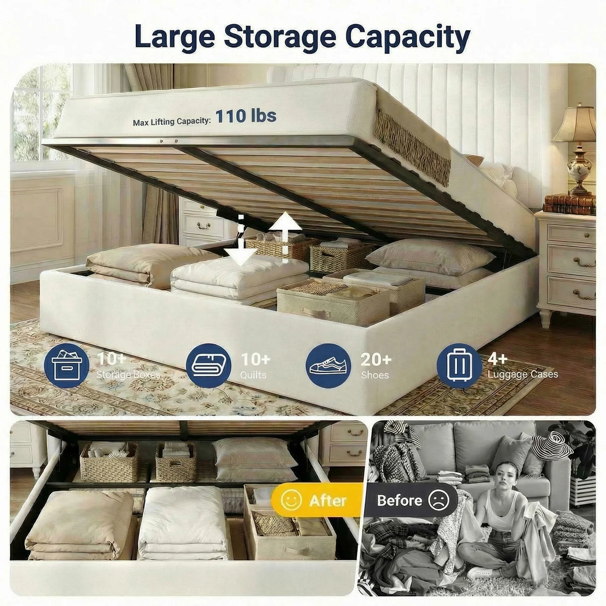 HOOMIC Upholstered Lift Up Storage Bed Frame With Hydraulic Support