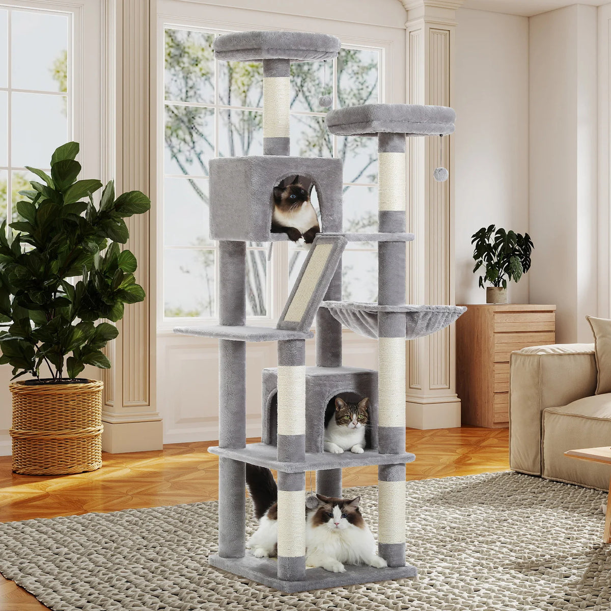PEQULTI Multi Tier Cat Tree With Scratching Posts And Hammock