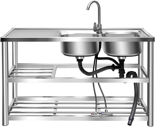 Heavy Duty 304 Stainless Steel Double Compartment Sink With Faucet