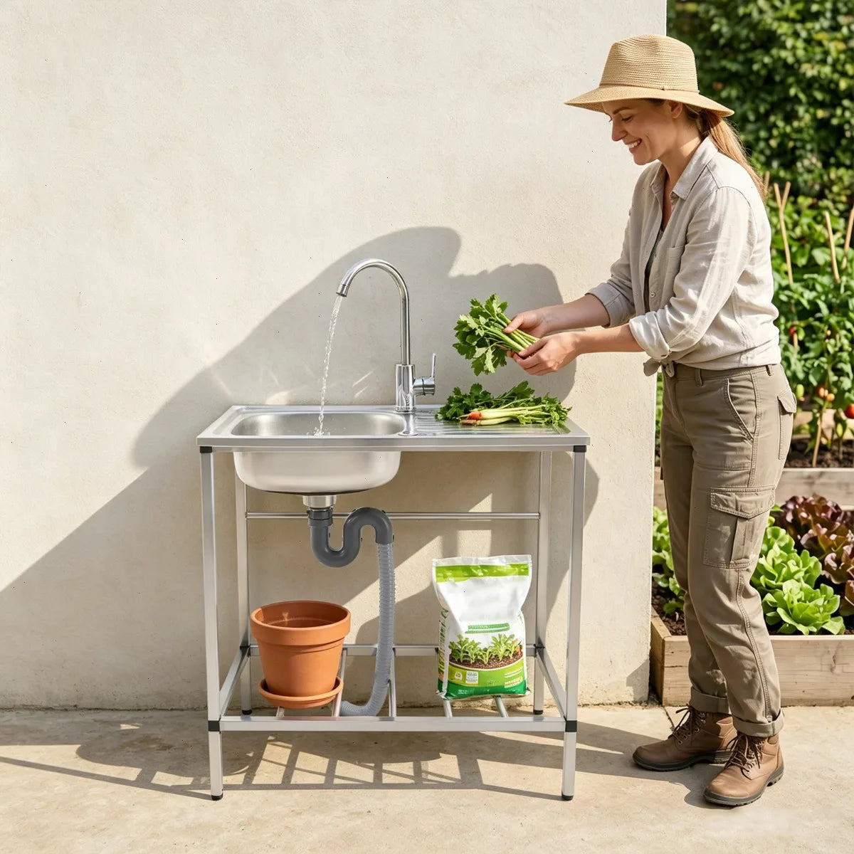 Bymaocar Stainless Steel Utility Sink Single Bowl With Faucet Shelf